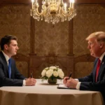 Zelenskyy holding a notebook with Trump seated across in Mar‑a‑Lago under a chandelier.