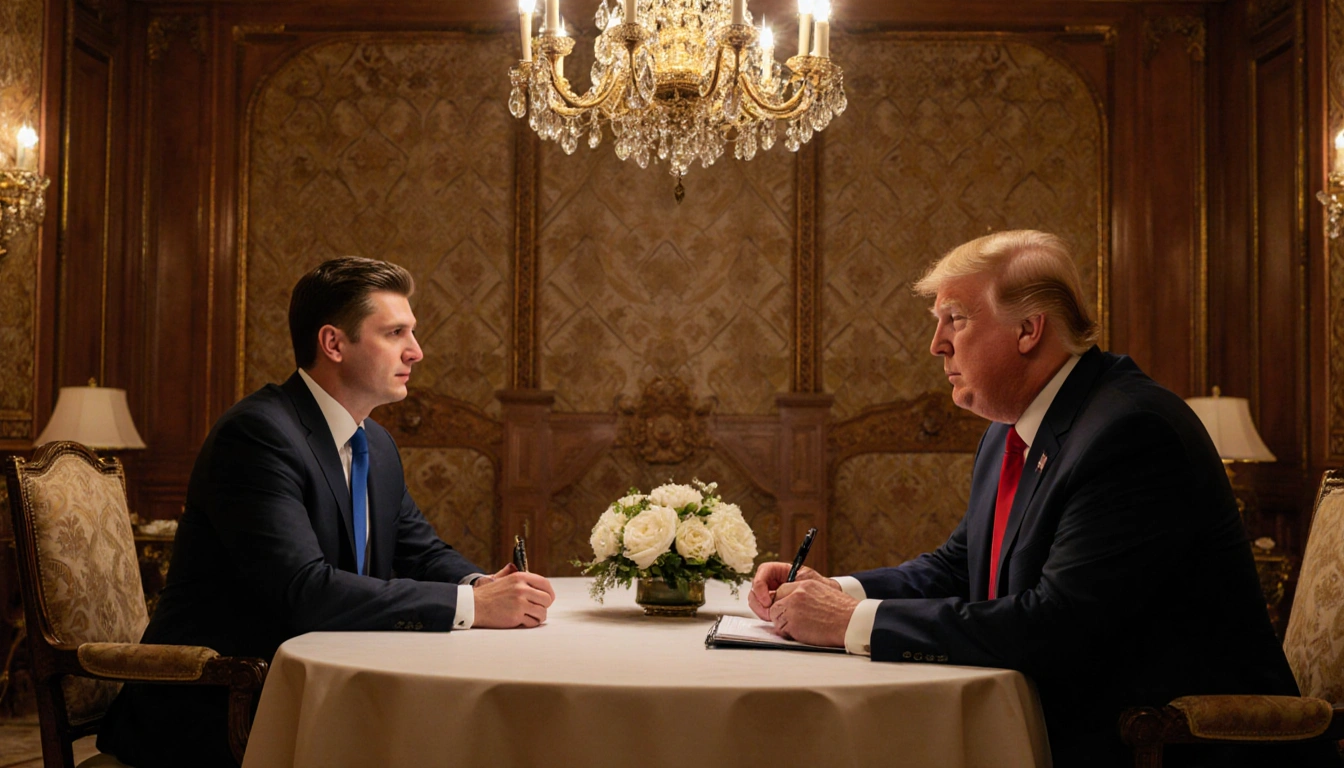 Zelenskyy holding a notebook with Trump seated across in Mar‑a‑Lago under a chandelier.