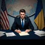 Zelenskyy holds a glowing peace treaty with Ukraine and U.S. flags near a map of Eastern Europe
