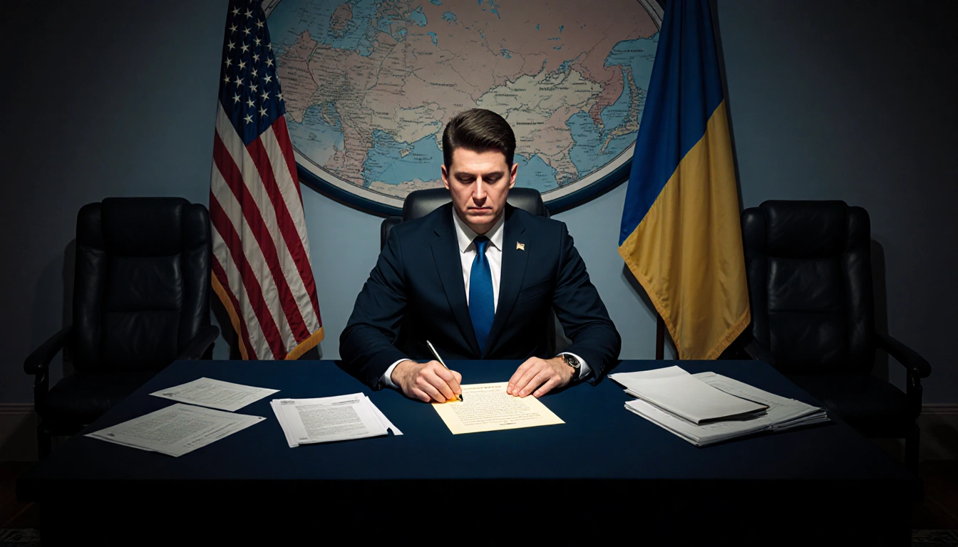 Zelenskyy holds a glowing peace treaty with Ukraine and U.S. flags near a map of Eastern Europe