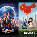 Split-screen shows posters with animated box office numbers indicating global success and popularity