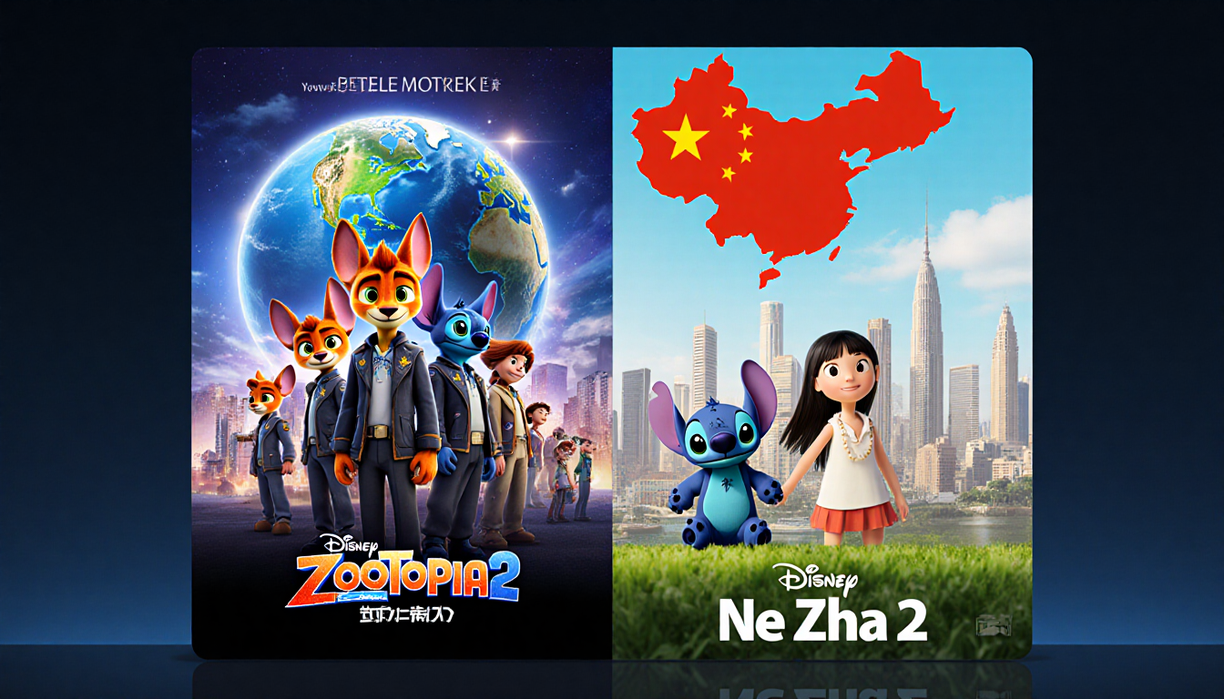 Split-screen shows posters with animated box office numbers indicating global success and popularity