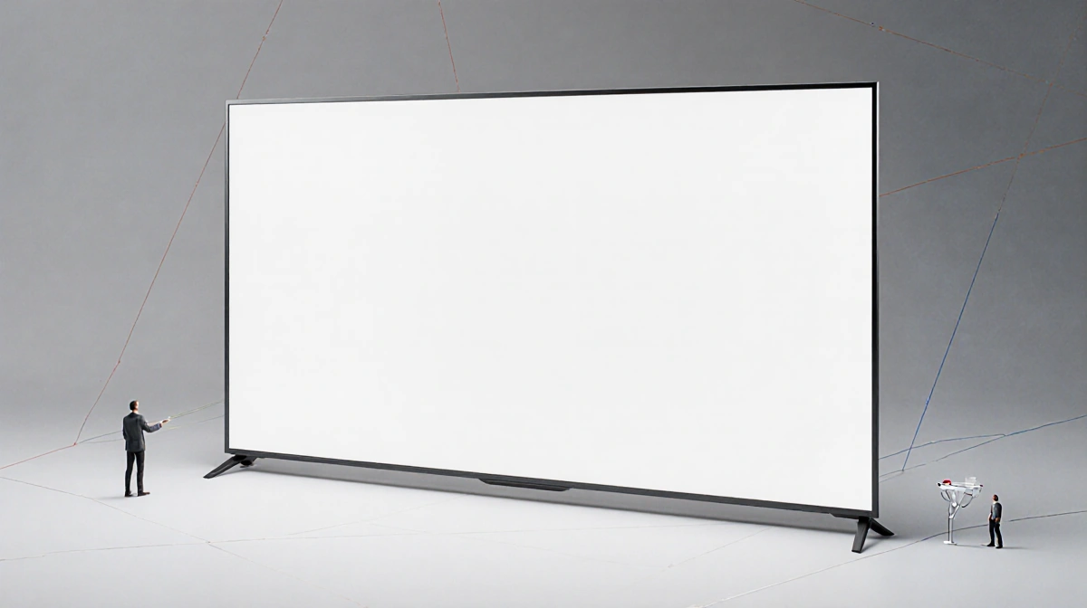 Massive 100-inch TV dominates space with tiny person at edge showing enormous scale