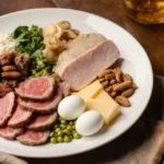 A single plate holds 100 grams of protein with beef chicken eggs and nuts showing balanced healthy eating