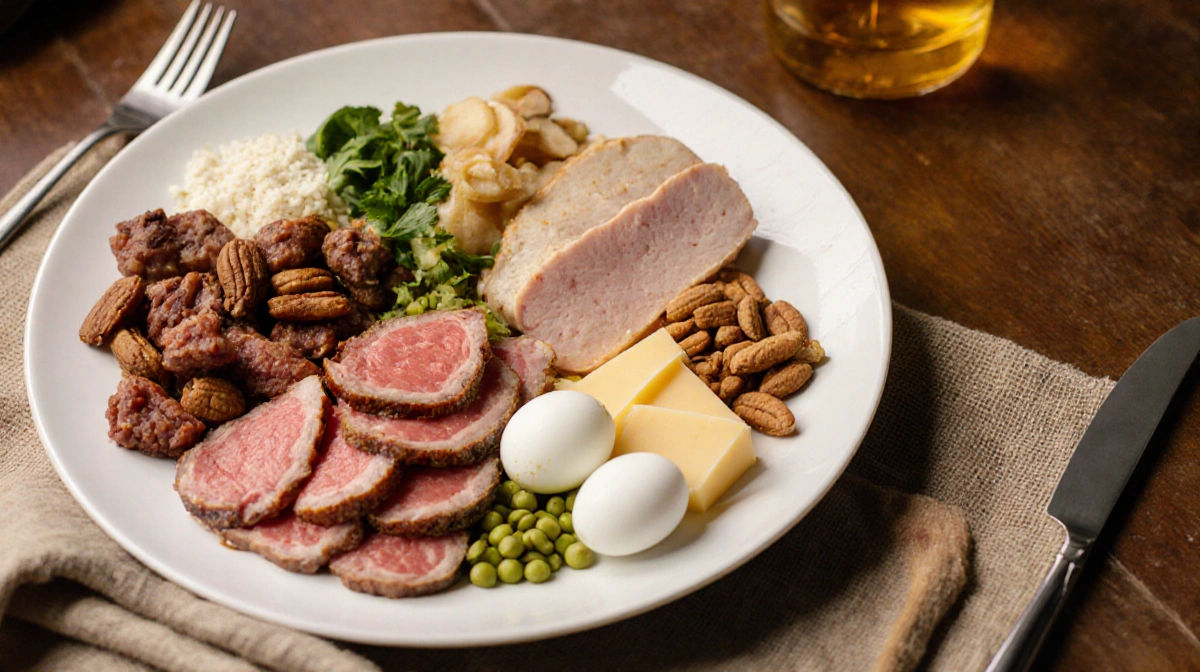 A single plate holds 100 grams of protein with beef chicken eggs and nuts showing balanced healthy eating