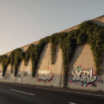 Freeway walls display artificial ivy with sunset shadows and graffiti remnants showing Caltrans