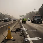 Traffic jam on 101 Freeway with yellow warning cone and emergency vehicles handling fuel spill