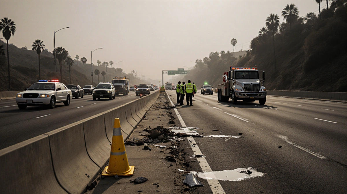 Traffic jam on 101 Freeway with yellow warning cone and emergency vehicles handling fuel spill