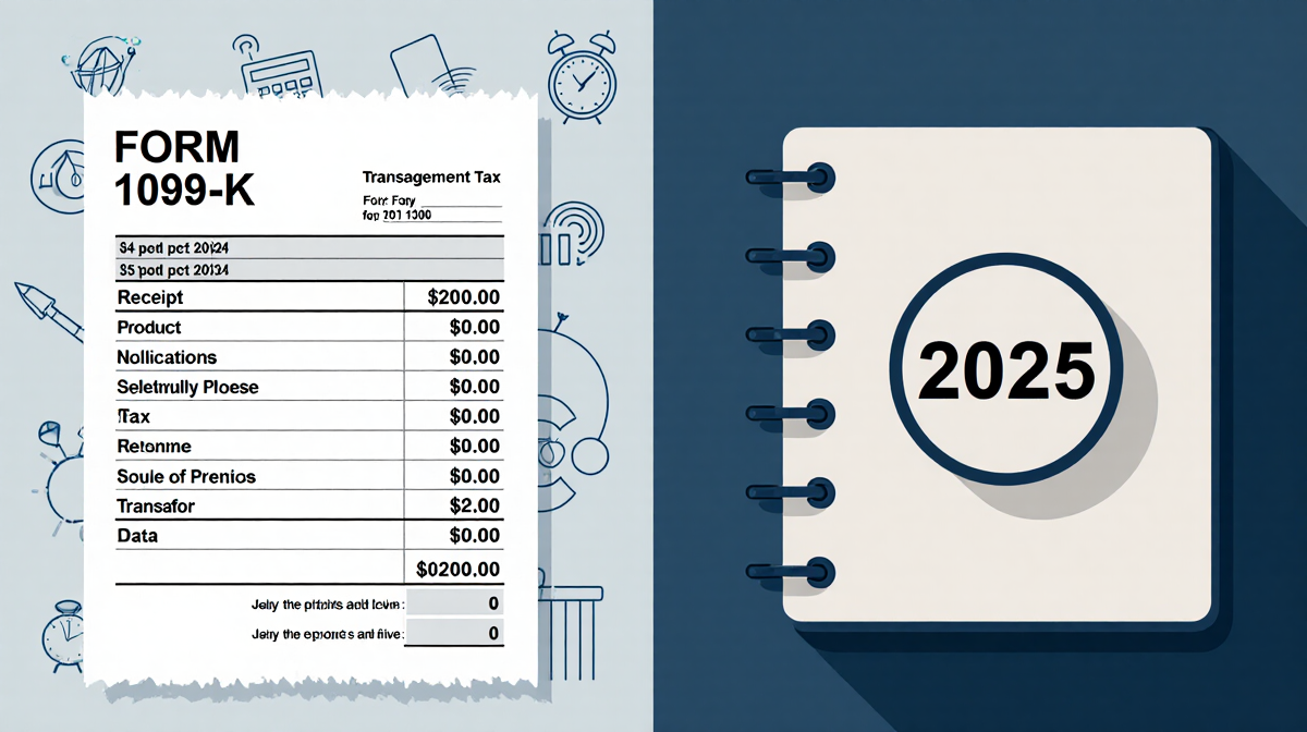 Receipt showing $20,000 with highlighted transactions and tax icon beside calendar showing 2025 tax year with date circle