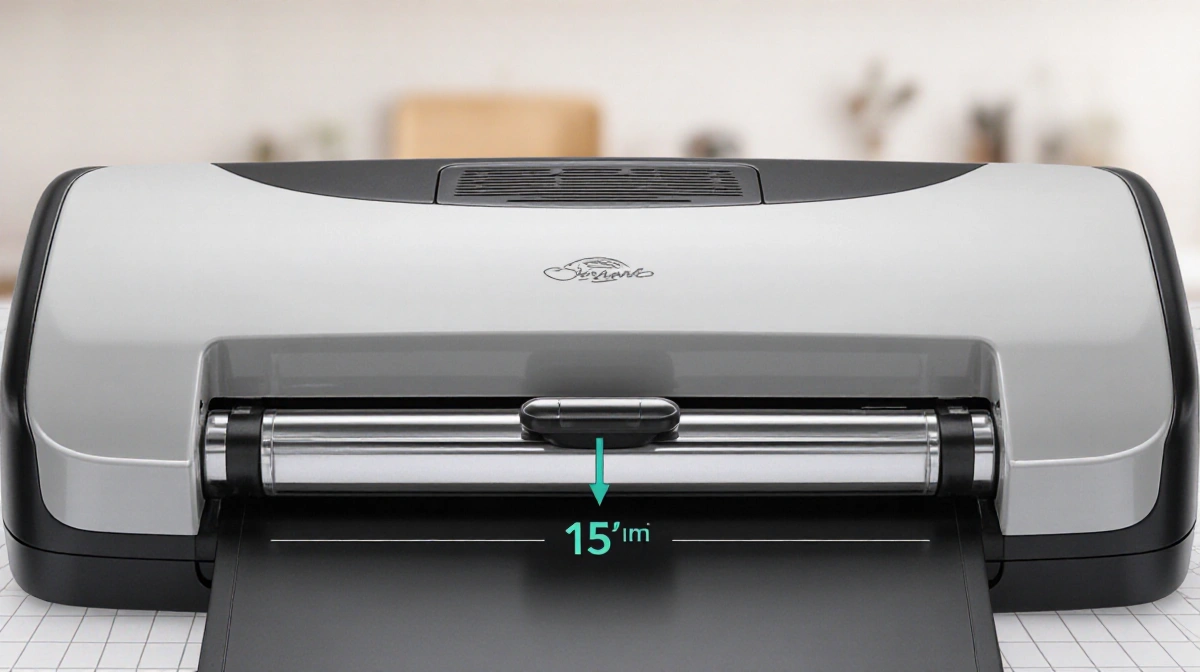 Vacuum sealer with closed lid and lock bar showing 15-inch width with metallic nozzle against neutral background