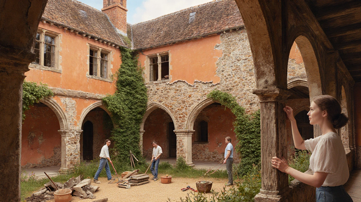 Friends renovating 16th-century ochre manor with scaffolding and tools around overgrown courtyard walls