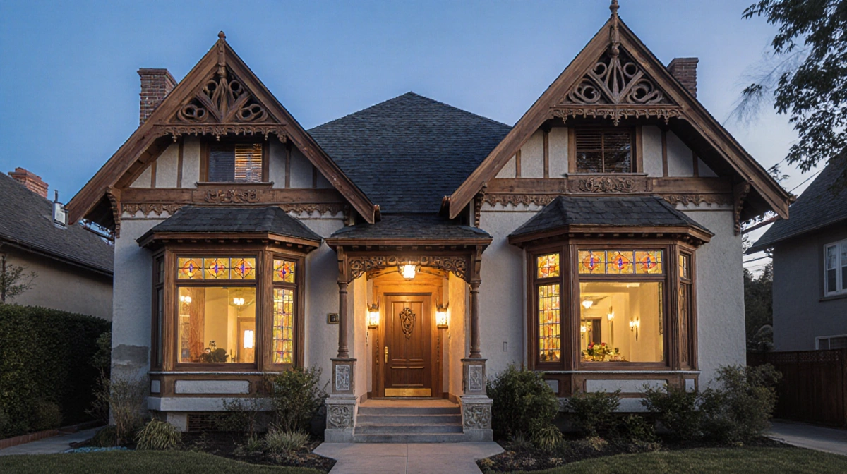 1920s West Hollywood home shows ornate wooden trim with modern roof materials and natural light streaming through stained gla