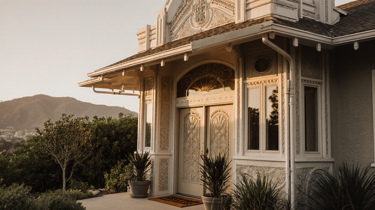 1920s Art Deco home glows with ornate trim and potted plants near lush Altadena mountains