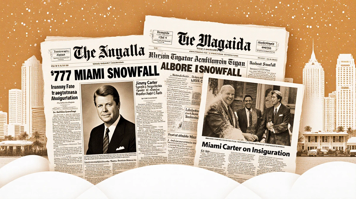 Vintage newspapers highlight Miami's rare 1977 snowfall with Jimmy Carter inauguration headlines and nostalgic warm-toned lay