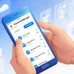 Hands hold smartphone with 1Password app showing secure password manager interface with blue gradient background