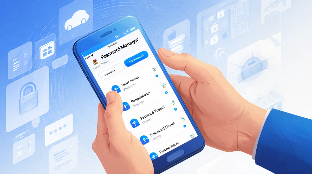 Hands hold smartphone with 1Password app showing secure password manager interface with blue gradient background