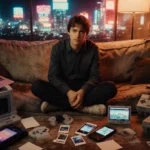 Person sits on worn couch with retro 2016 phones and gaming consoles showing nostalgic social media memories