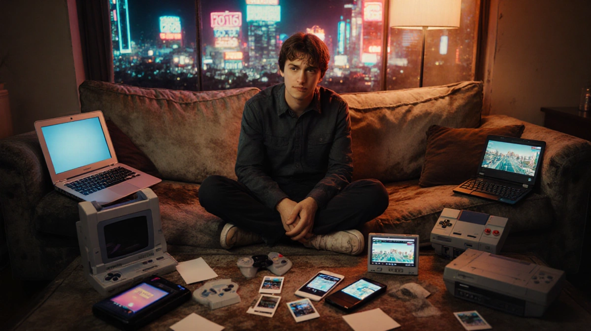 Person sits on worn couch with retro 2016 phones and gaming consoles showing nostalgic social media memories