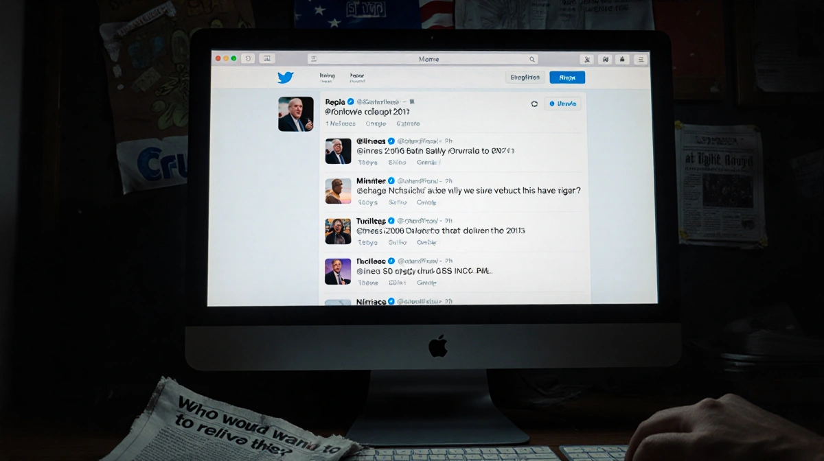 Dim monitor shows 2016 Twitter feed with sarcastic tweets and Brexit sticker while crumpled newspaper lies nearby
