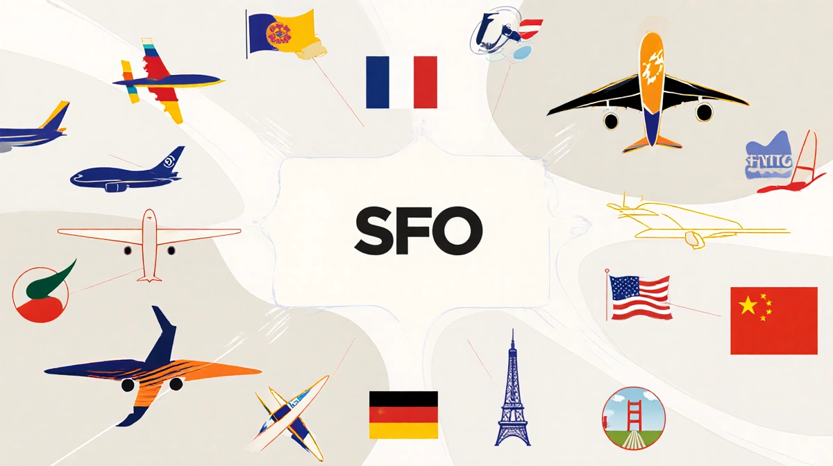 Airport logos from Singapore China and US compete in abstract collage with SFO logo at center and bright accent lines