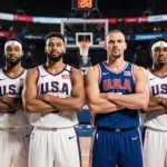 NBA All-Star teams standing together with US players in red white blue and World team in country colors