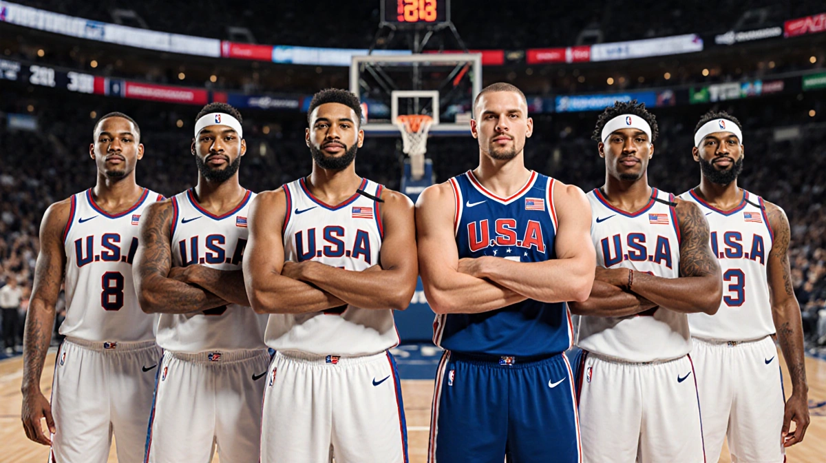 NBA All-Star teams standing together with US players in red white blue and World team in country colors