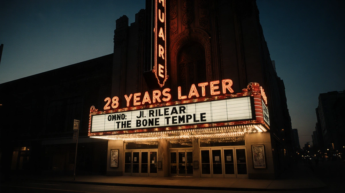 28 Years Later The Bone Temple marquee glows at dusk with bold title and release date visible on empty city street