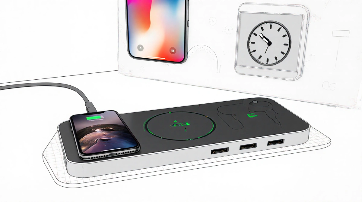 Compact charging pad powers iPhone with Apple Watch and AirPods nearby showing StandBy mode