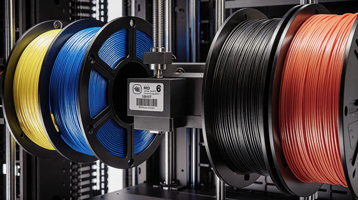 Print head swapping filament between adjacent spools with a colorful carousel and clear printer frame