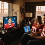 Carrie and Shawn Purdy holding hands in their 49ers suite with laptop showing draft board and Bay Bridge visible through wind