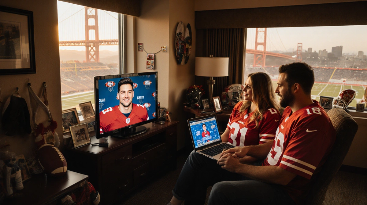Carrie and Shawn Purdy holding hands in their 49ers suite with laptop showing draft board and Bay Bridge visible through wind