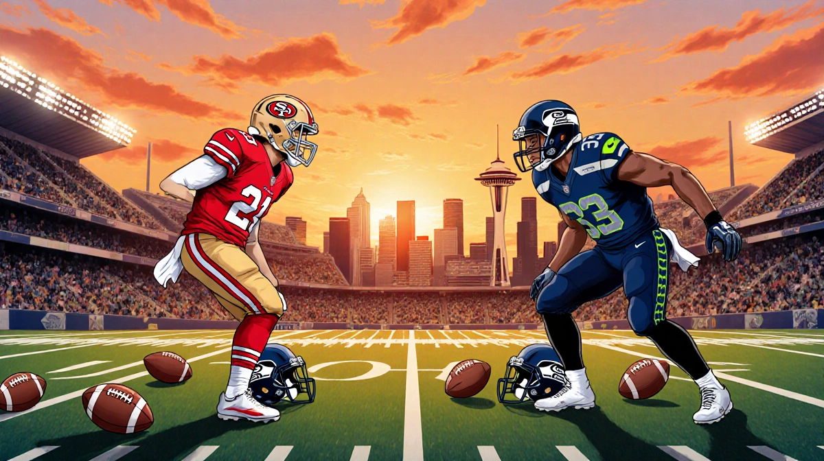 49ers and Seahawks players facing off on football field with sunset glow and Seattle skyline behind