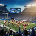 49ers quarterback celebrating victory with players and Seahawks scoreboard visible