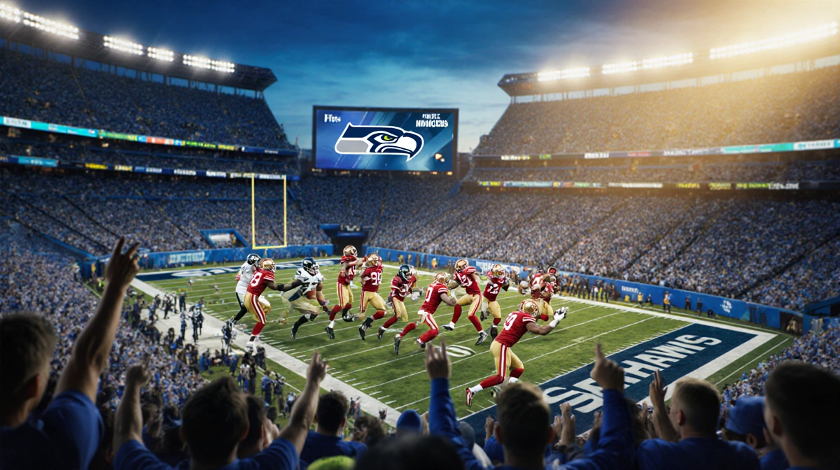 49ers quarterback celebrating victory with players and Seahawks scoreboard visible
