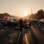 Police officer kneels beside injured crash victim with paramedics rushing over and wrecked cars behind
