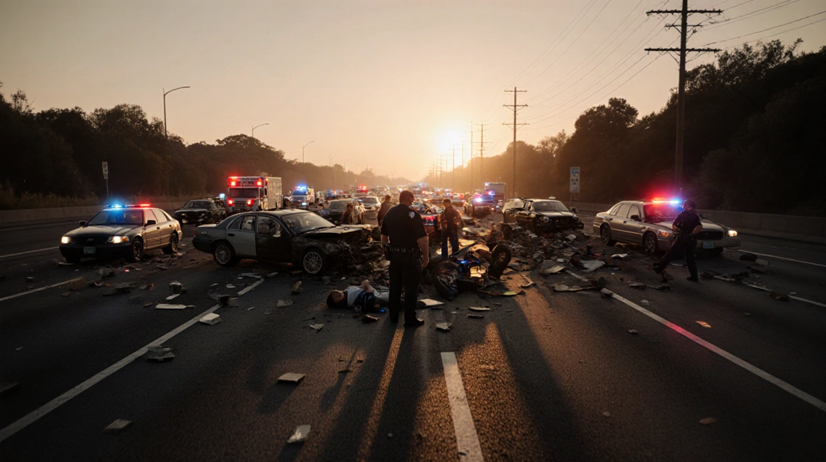 Police officer kneels beside injured crash victim with paramedics rushing over and wrecked cars behind