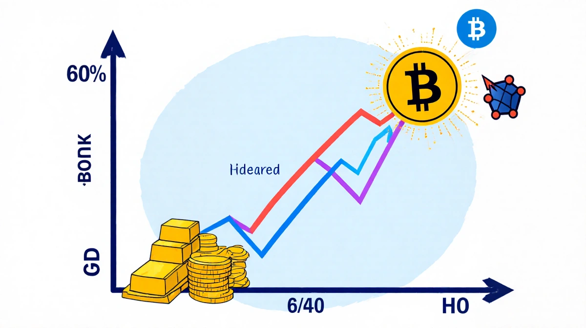 Chart comparing 60/40 portfolio with gold bars cushioning dips and Bitcoin icons spiking through market crashes
