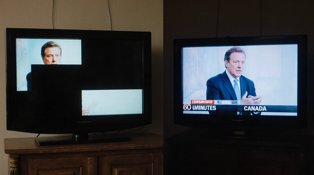 Two television screens side by side showing 60 Minutes episode with censored blackout areas on left and uncut Canadian versio