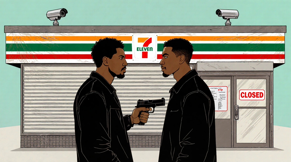 Two men facing each other with gun showing tension and defiance near 7-Eleven store