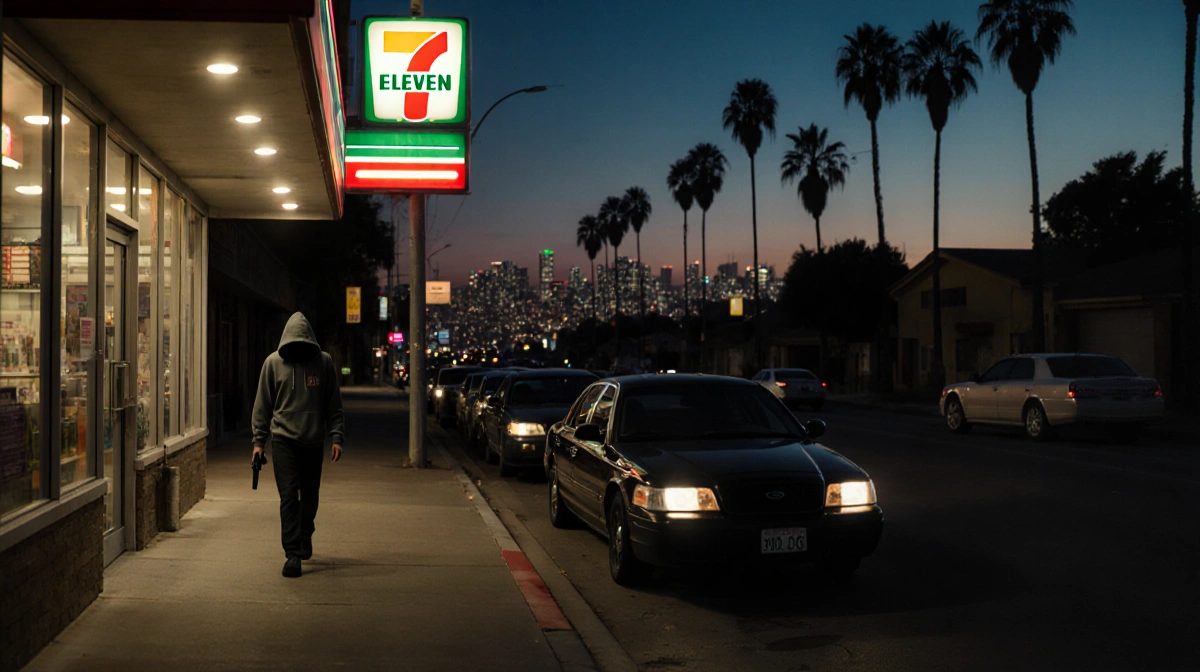 Hooded figure stepping from black sedan with hand on gun near flickering 7-Eleven sign