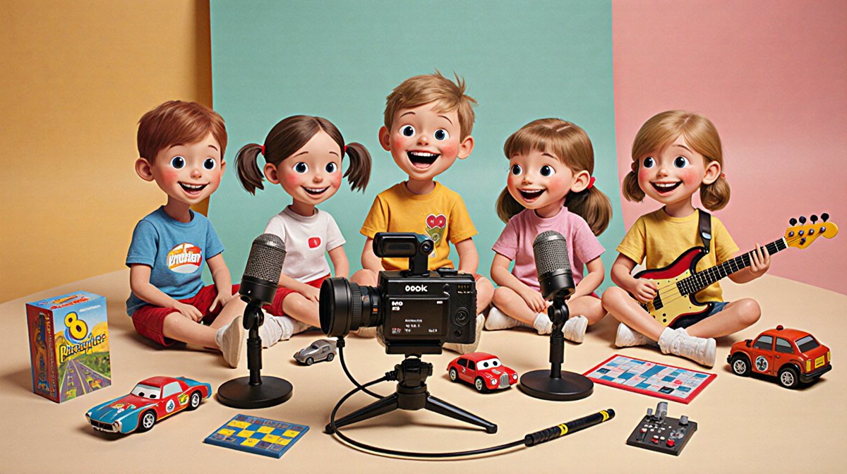 Children and friends sit together with a video camera and microphones in a bright YouTube studio full of toy cars