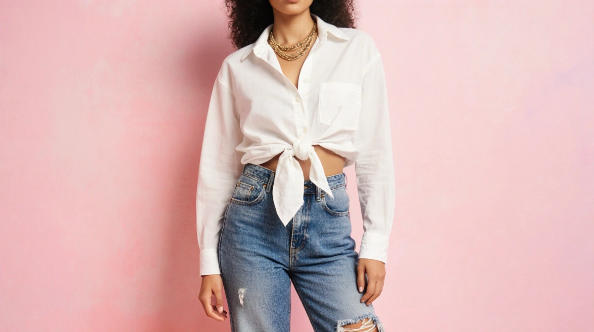 Model poses in vintage high-waisted jeans with white shirt and gold necklace against pink wall