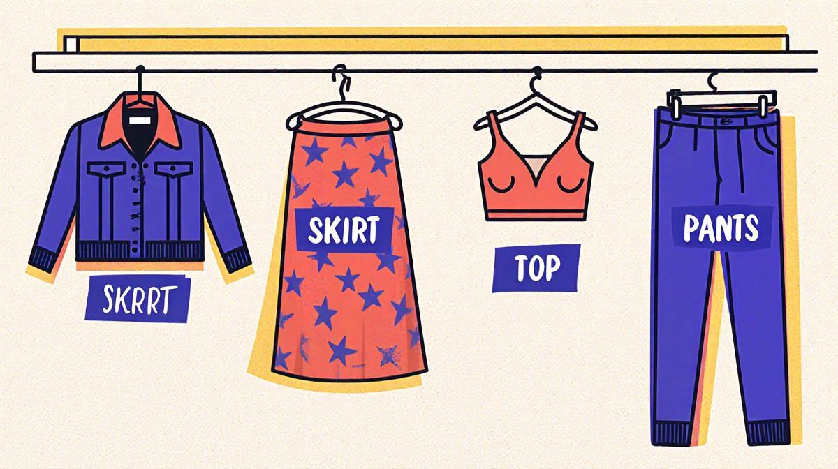 Closet organizer displays four labeled '90s fashion pieces including jacket and skirt with bold typography on clothing rack