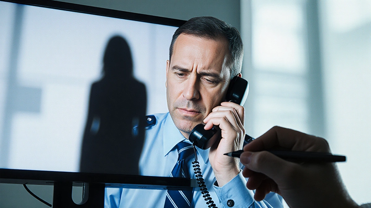 Distressed man calling 911 with operator silhouette and shadowy wife figure in background