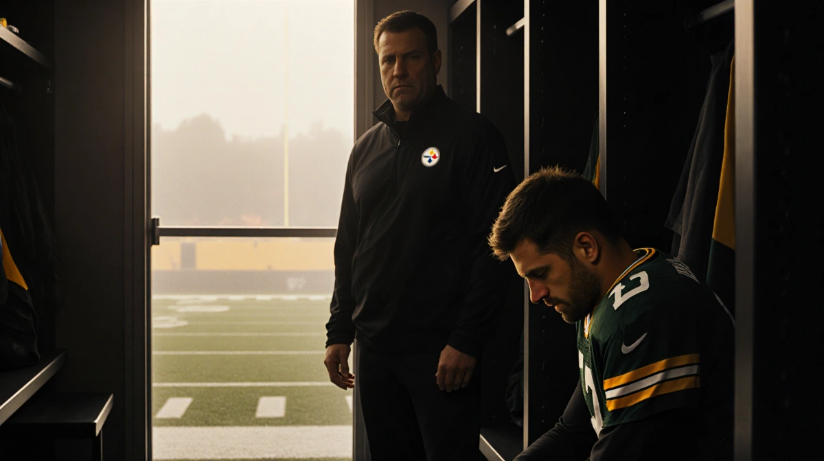Aaron Rodgers sits on locker room bench with head bowed while Coach Tomlin stands before him and football field shows through