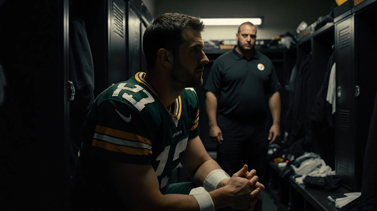 Aaron Rodgers sits in contemplation with JJ Watt watching and coaching gear scattered around the dim locker room