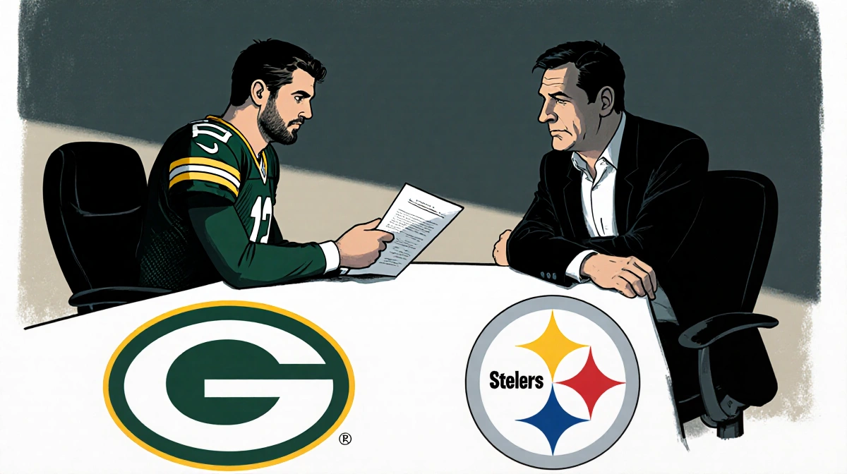 Aaron Rodgers sits across from Mike Tomlin with contract folder while Packers and Steelers logos face each other