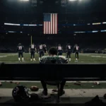 Aaron Rodgers sits alone on bench with helmet down and limp American flag behind him showing Steelers players defeated after