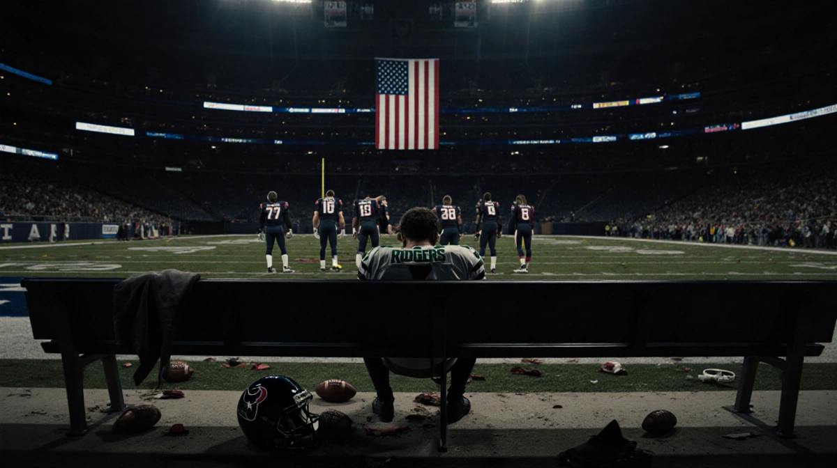 Aaron Rodgers sits alone on bench with helmet down and limp American flag behind him showing Steelers players defeated after