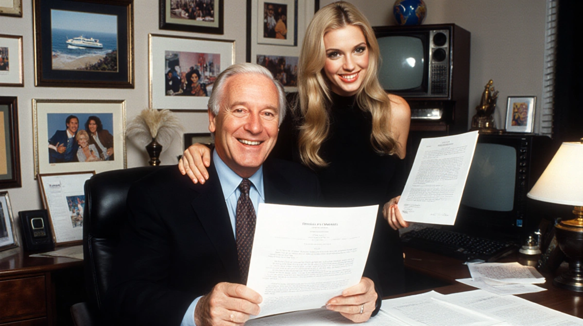 Aaron Spelling sits with Beverly Hills 90210 script and smiles at Tori who holds contract with TV memorabilia around them